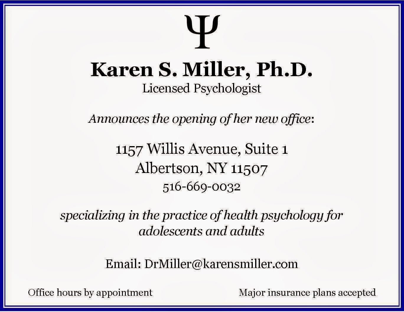 Photo of Karen S. Miller, Ph.D. Licensed Psychologist in Albertson City, New York, United States - 1 Picture of Point of interest, Establishment, Health