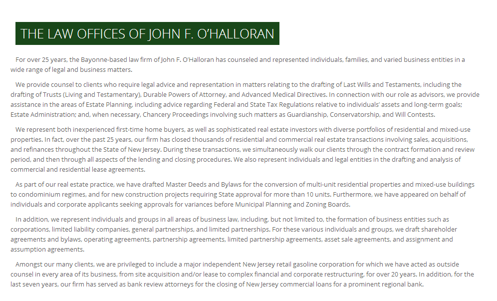 Photo of The Law Offices of John F. O'Halloran, Attorney at Law in Bayonne City, New Jersey, United States - 2 Picture of Point of interest, Establishment, Lawyer, General contractor, Real estate agency