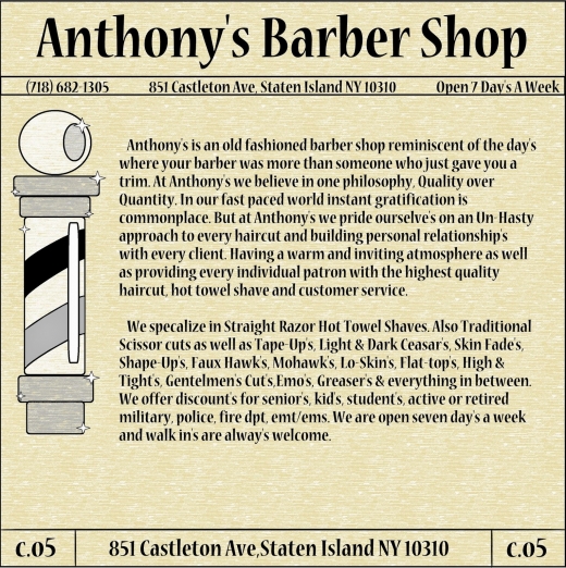 Anthonys Barber Shop in Staten Island City, New York, United States - #3 Photo of Point of interest, Establishment, Store, Health, Hair care, Art gallery