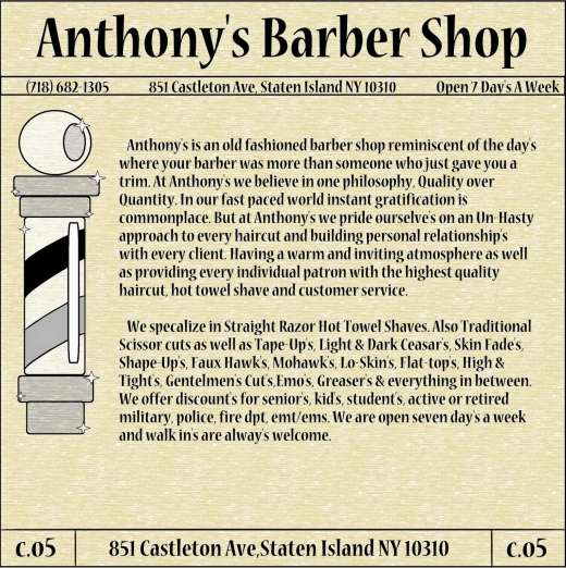 Photo by <br />
<b>Notice</b>:  Undefined index: user in <b>/home/www/activeuser/data/www/vaplace.com/core/views/default/photos.php</b> on line <b>128</b><br />
. Picture for Anthonys Barber Shop in Staten Island City, New York, United States - Point of interest, Establishment, Store, Health, Hair care, Art gallery