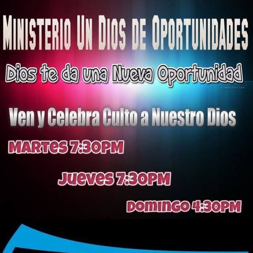 Photo by <br />
<b>Notice</b>:  Undefined index: user in <b>/home/www/activeuser/data/www/vaplace.com/core/views/default/photos.php</b> on line <b>128</b><br />
. Picture for Ministerio Un Dios de Oportunidades in New York City, New York, United States - Point of interest, Establishment, Church, Place of worship